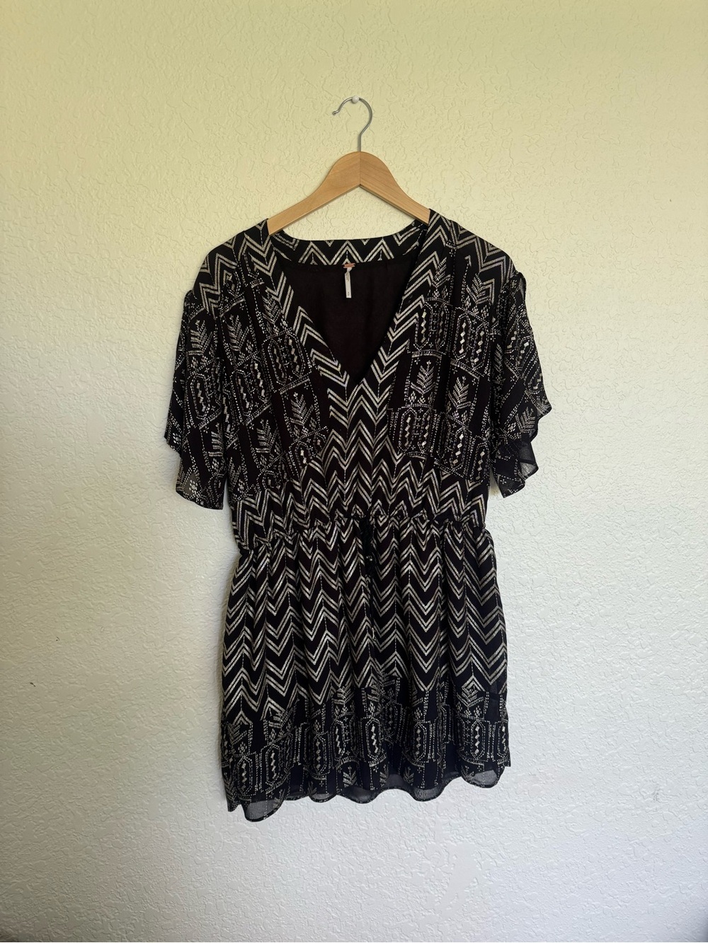 Free People Love My Chaos Tunic Dress Size S Black Gold Geometric Drawstring